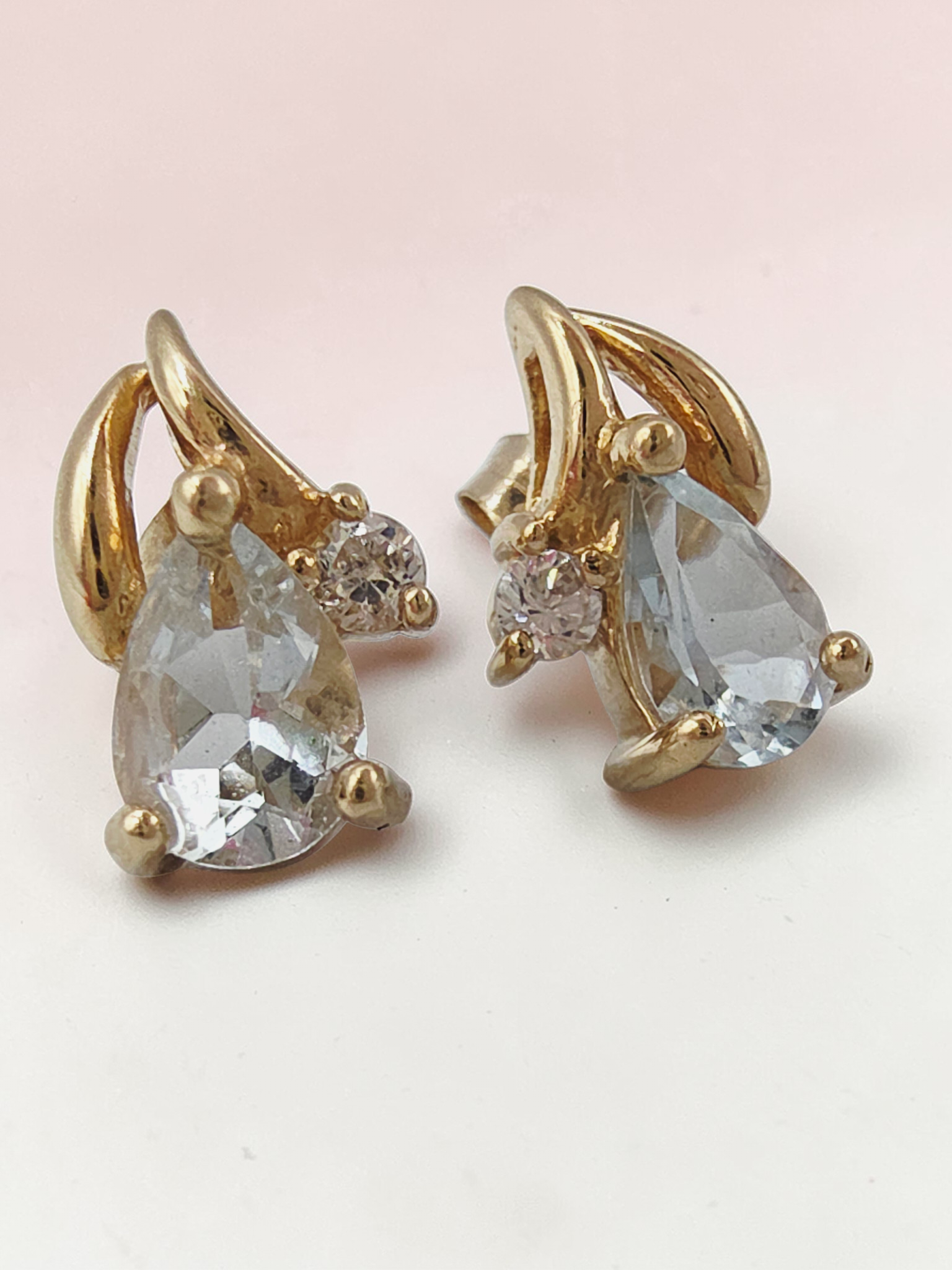 Solid 10K Yellow Gold Pear Cut Aquamarine Stud Earrings with CZ Accent