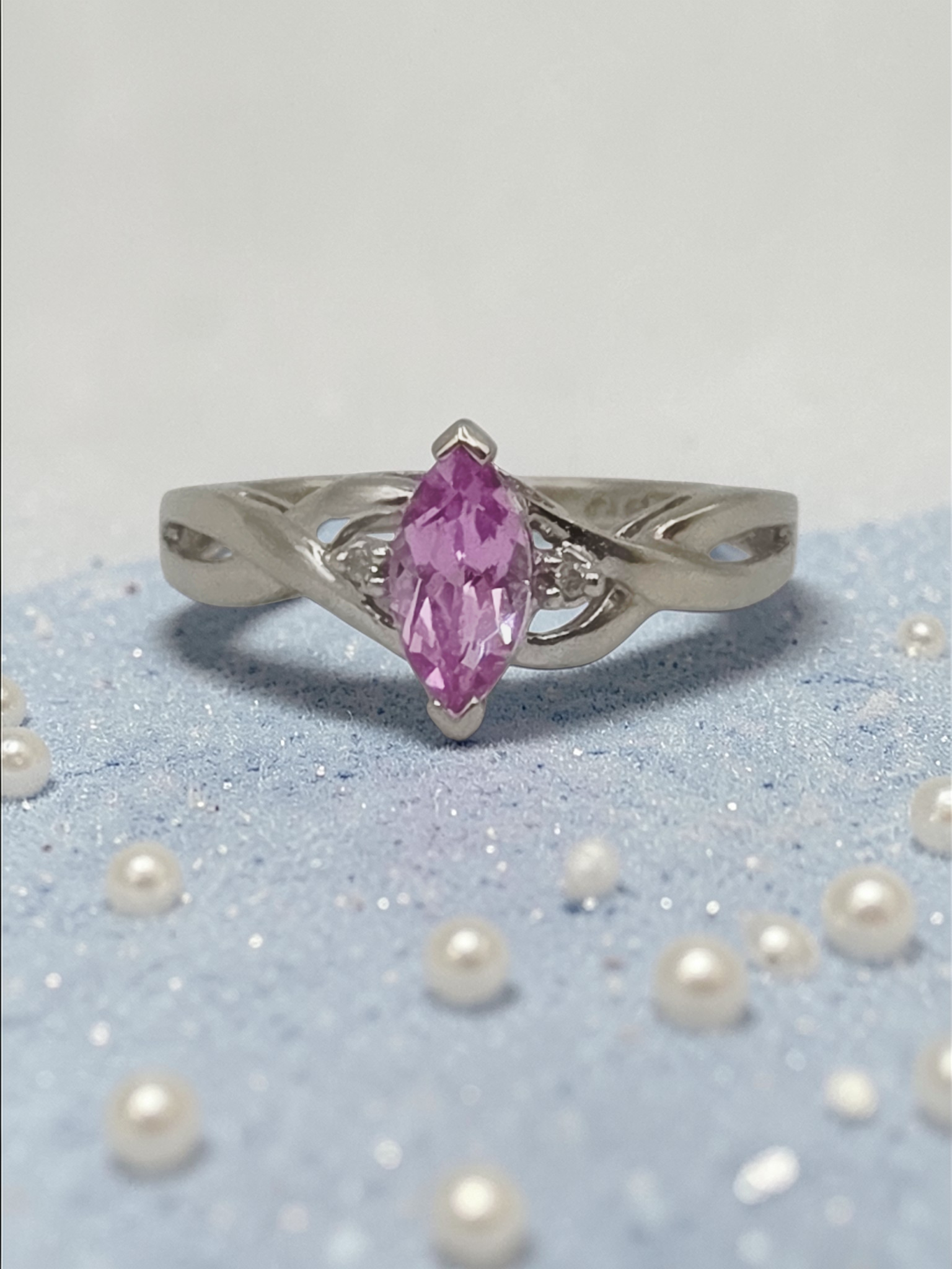 Solid 10K White Gold Ring with Marquise Cut Pink Sapphire - Size 5.75