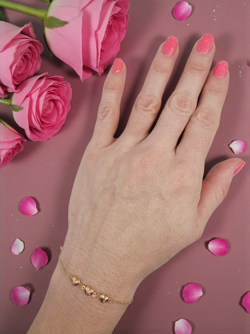 Solid 14K Yellow Gold Bracelet with 3D Rose Gold Hearts - 7.5 Inches