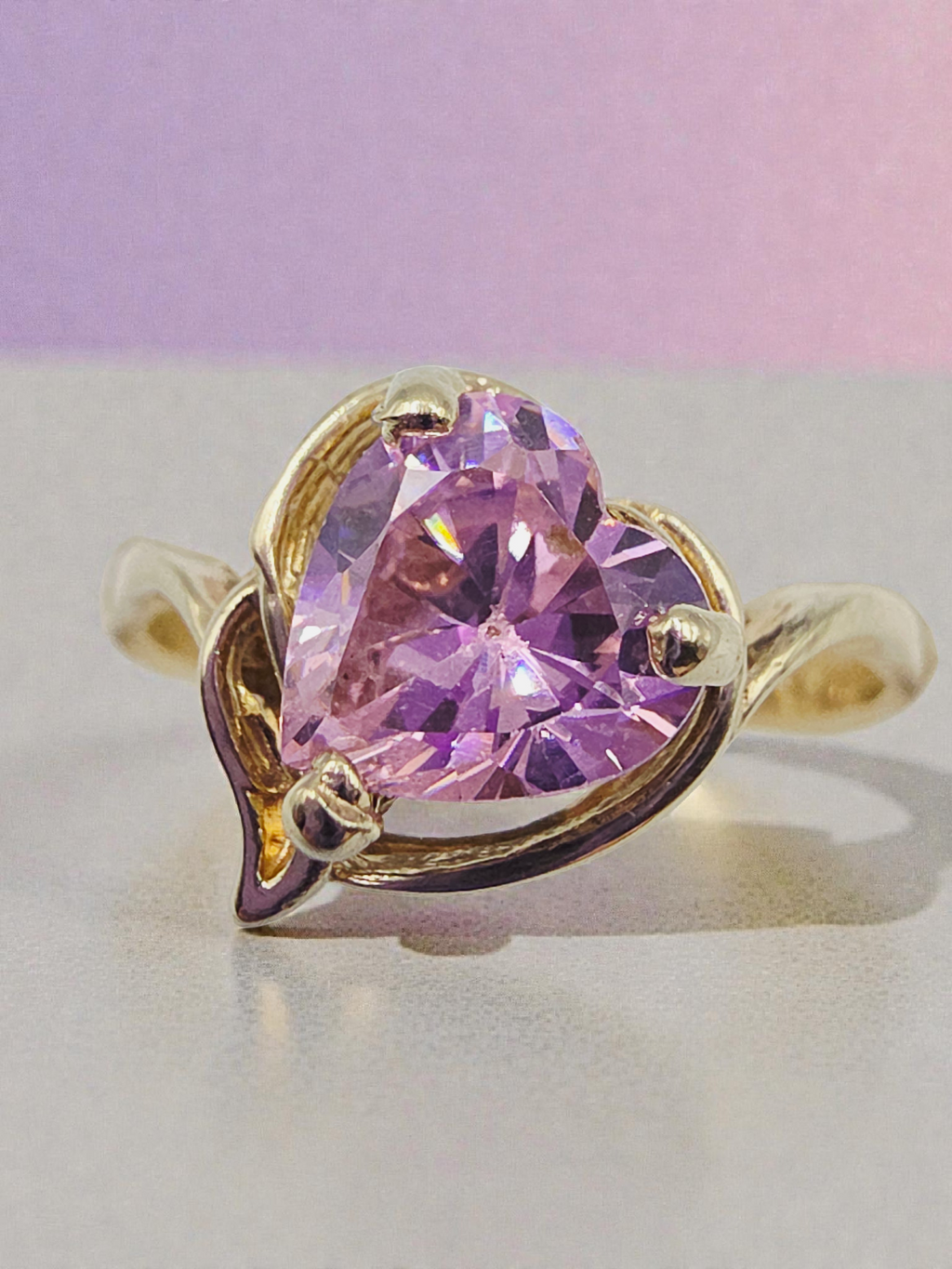 Solid 10K Yellow Gold Ring with Heart-Cut Pink Tourmaline - Sz 7