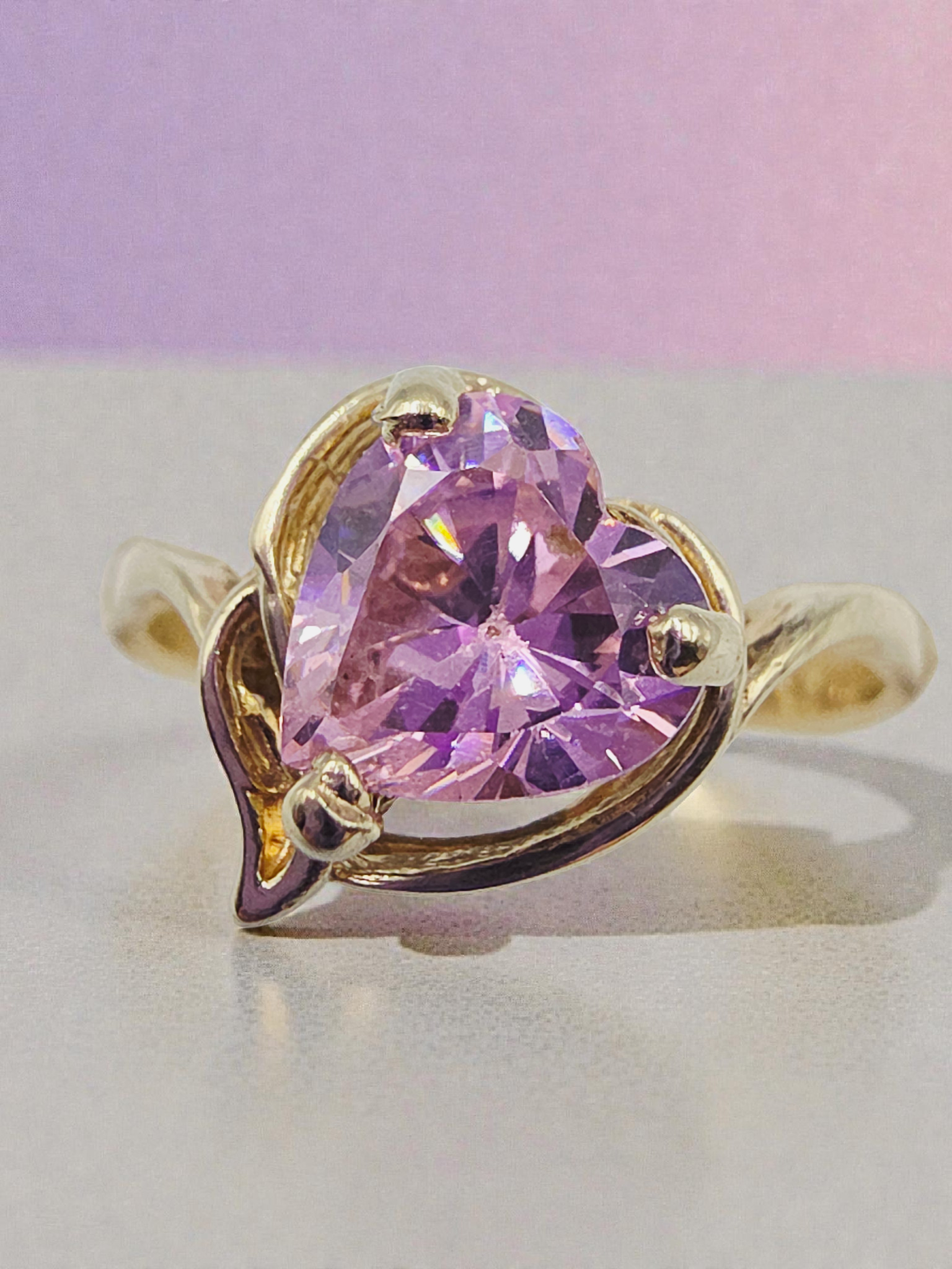 Solid 10K Yellow Gold Ring with Heart-Cut Pink Tourmaline - Sz 7