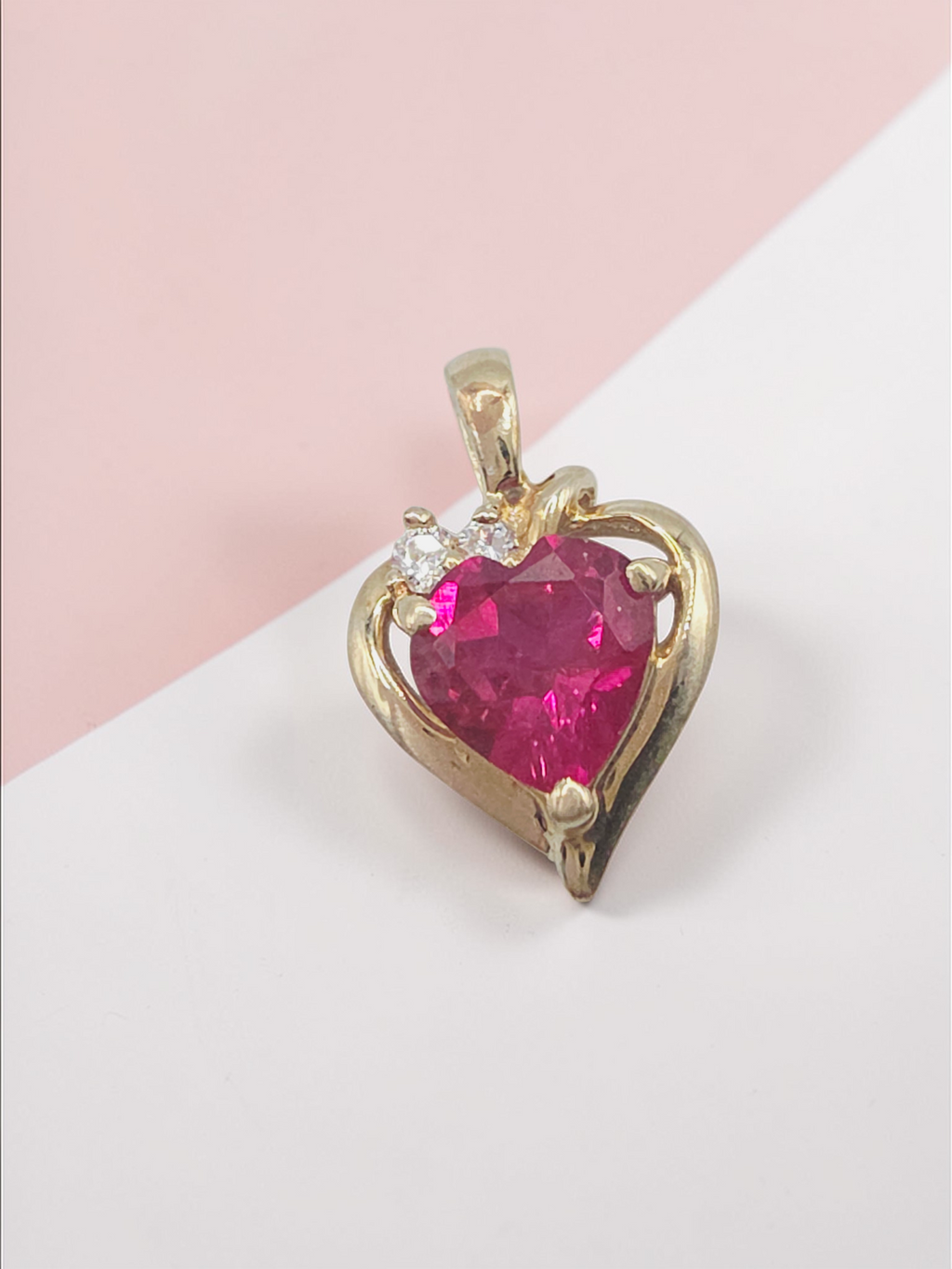 Solid 10K Yellow Gold Ruby Heart Necklace Pendant with CZ Accents