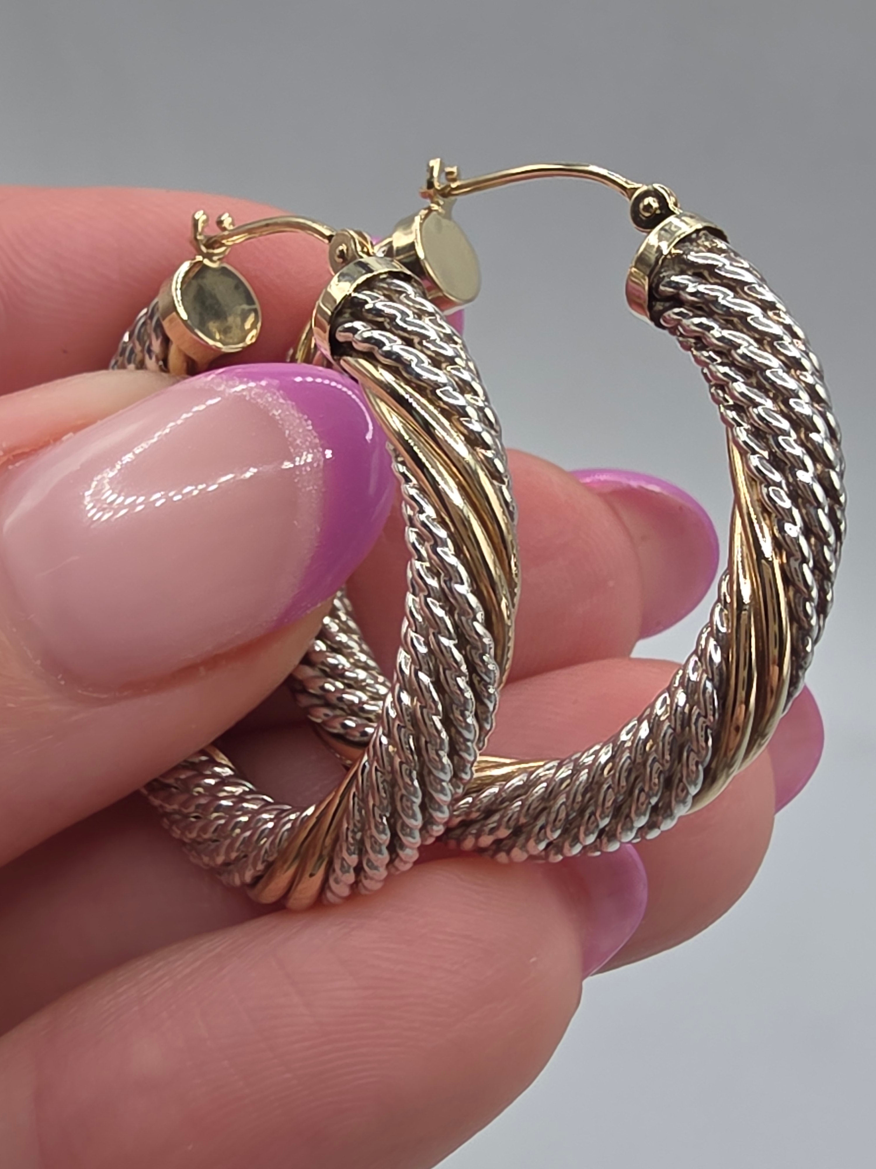 925 Sterling Silver Twisted Rope Hoop Earrings Solid 14K Yellow Gold Accents