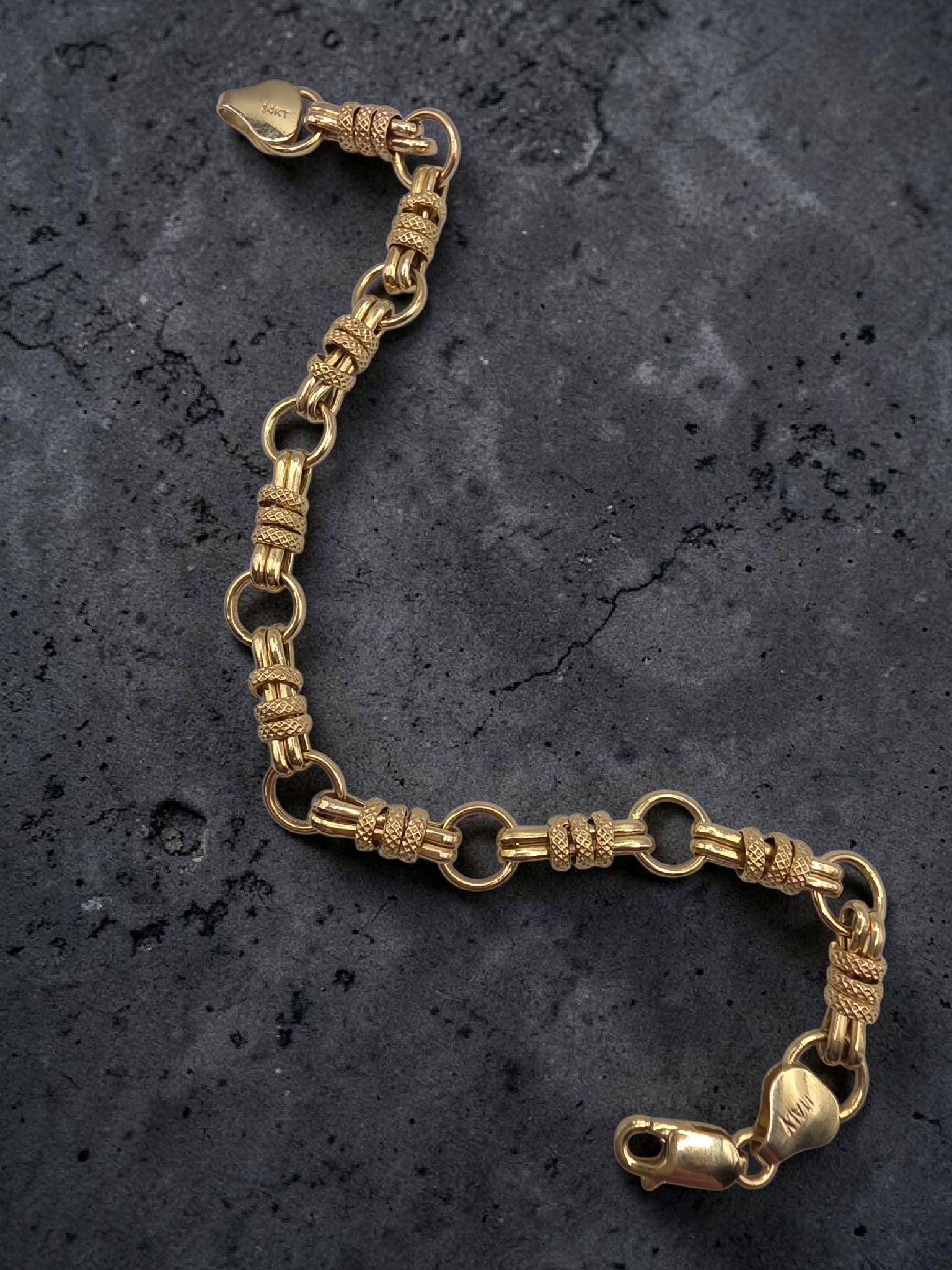 Unique Vintage Solid 14K Yellow Gold Station Link Bracelet - 7 Inch