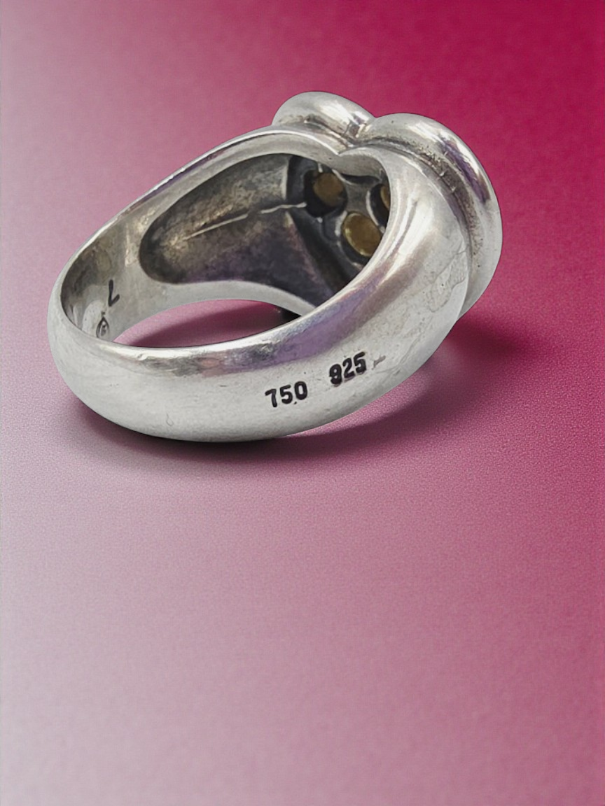 Caviar 925 Sterling Silver with 18K Yellow Gold Accents Heart Ring Size 7