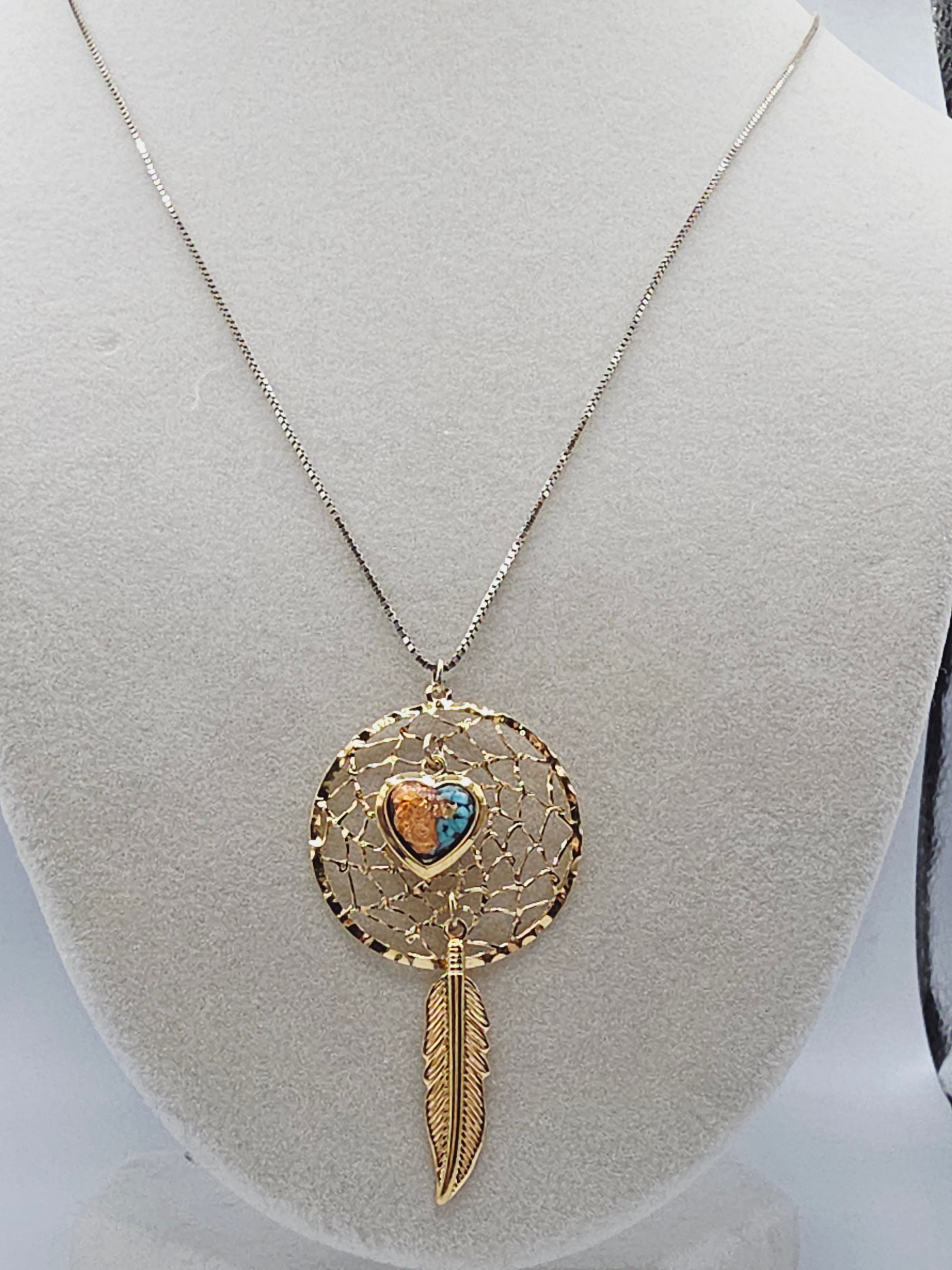 Turquoise Heart Feather Dreamcatcher Pendant with Sterling Silver Italy Necklace