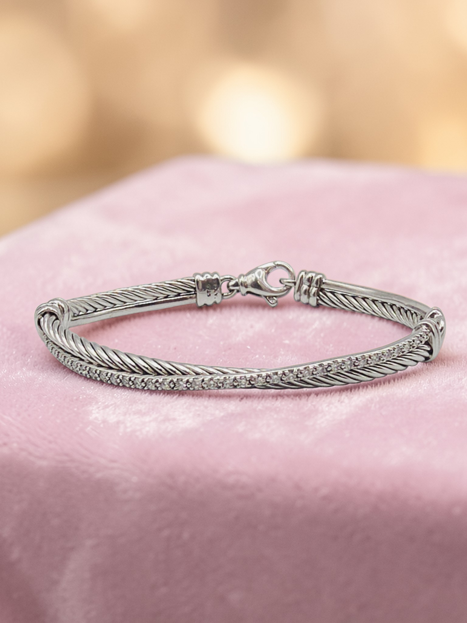 David Yurman Sterling Silver Crossover Bracelet with Diamonds - 6.75 Inch