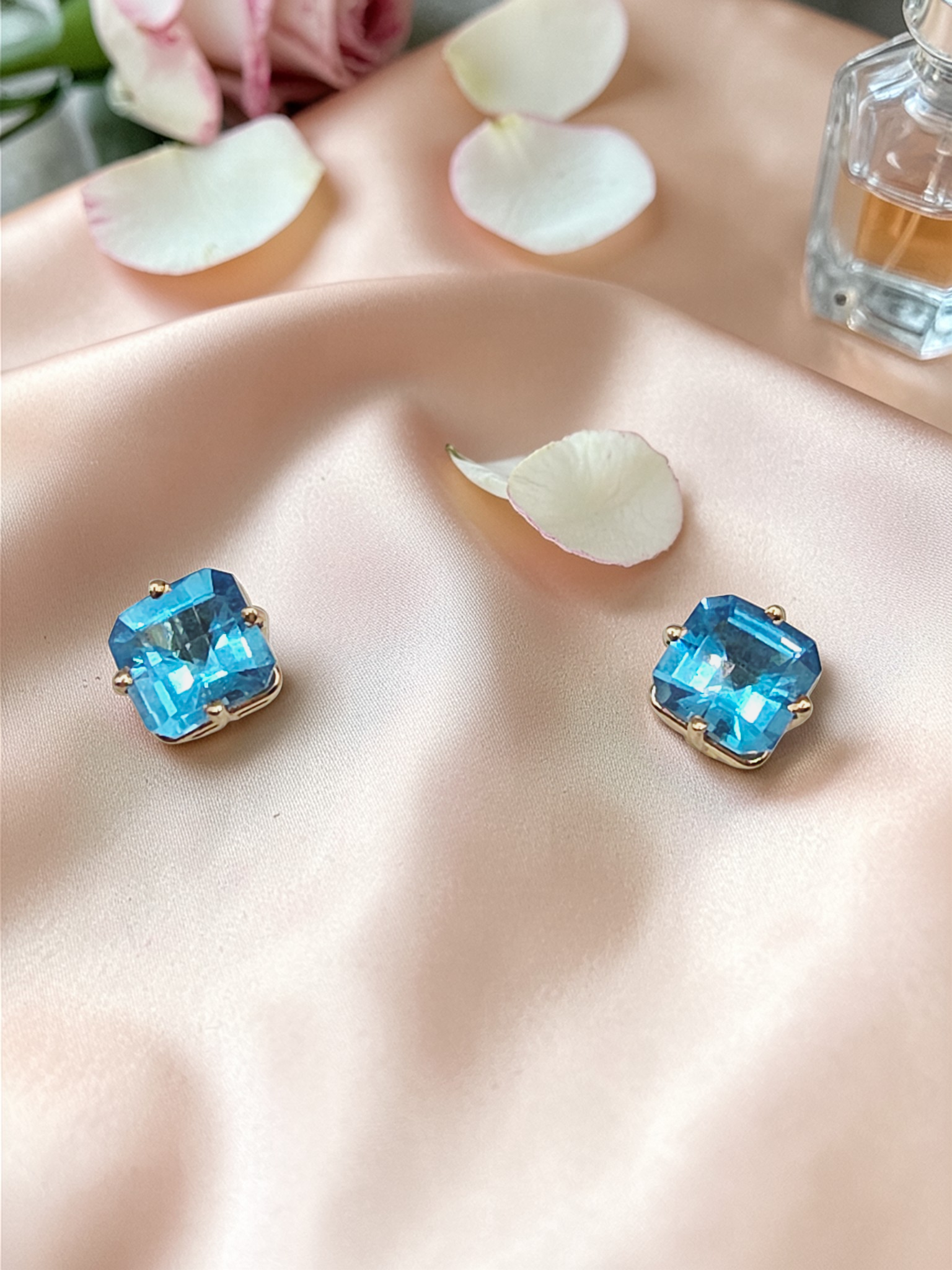 Solid 14K Yellow Gold Cushion Cut Blue Topaz Stud Earrings
