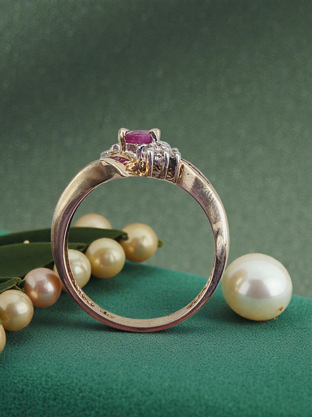 Solid 10K Yellow Gold Ring with Oval-Cut Ruby and Ruby & Diamond Accents - Size 7