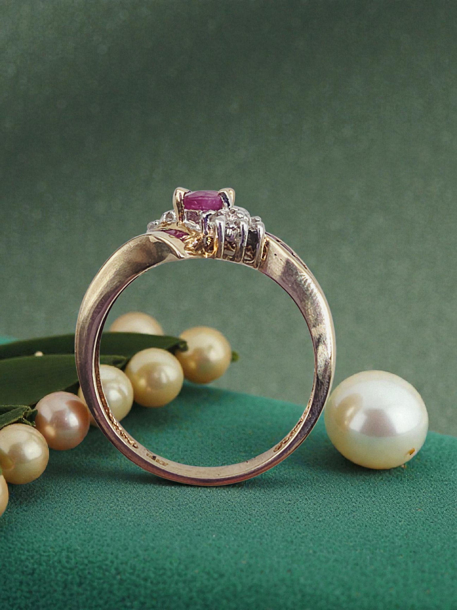 Solid 10K Yellow Gold Ring with Oval-Cut Ruby and Ruby & Diamond Accents - Size 7