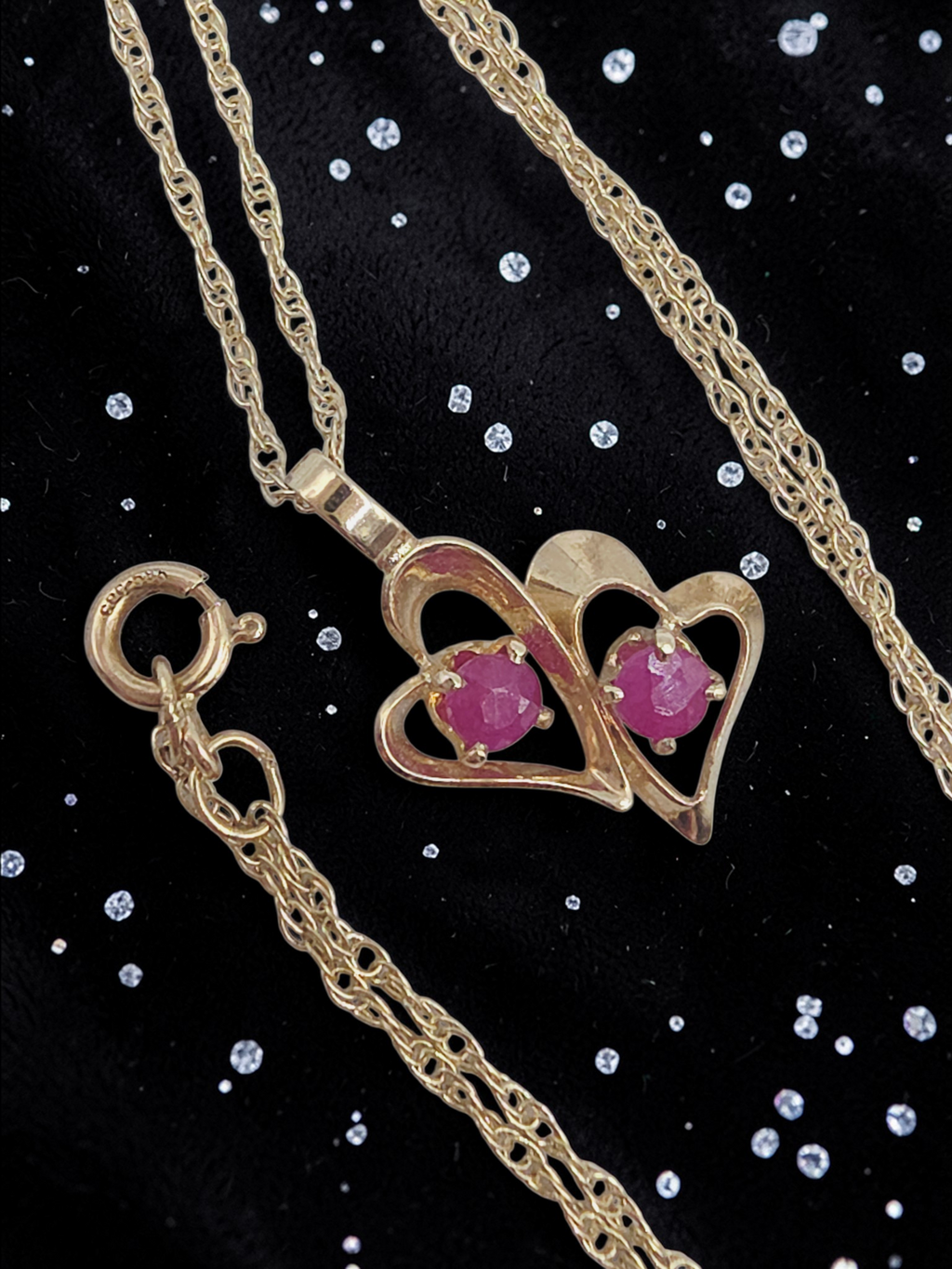 Solid 14K Yellow Gold Double Ruby Heart Pendant Necklace - 18 Inch