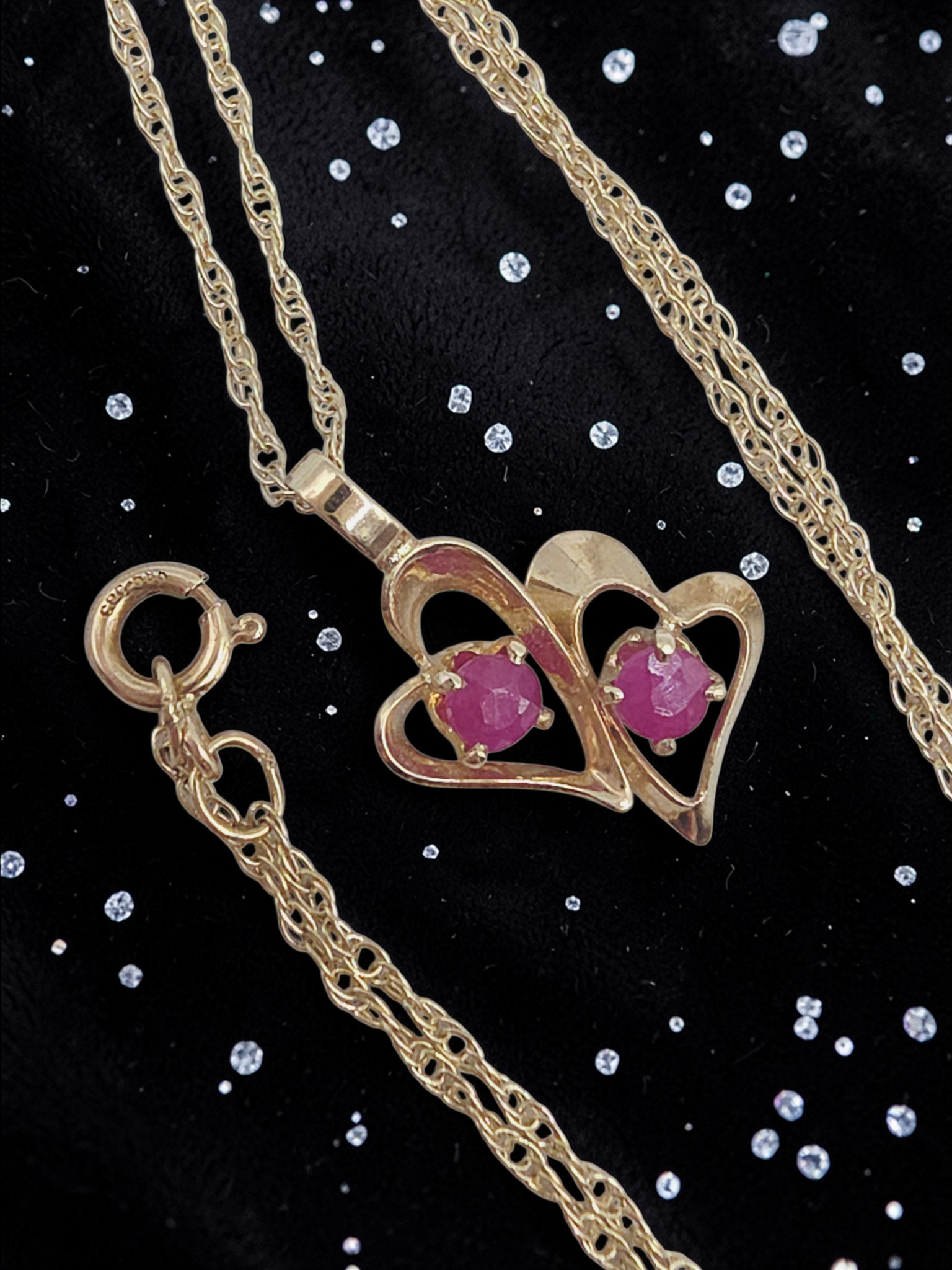 Solid 14K Yellow Gold Double Ruby Heart Pendant Necklace - 18 Inch