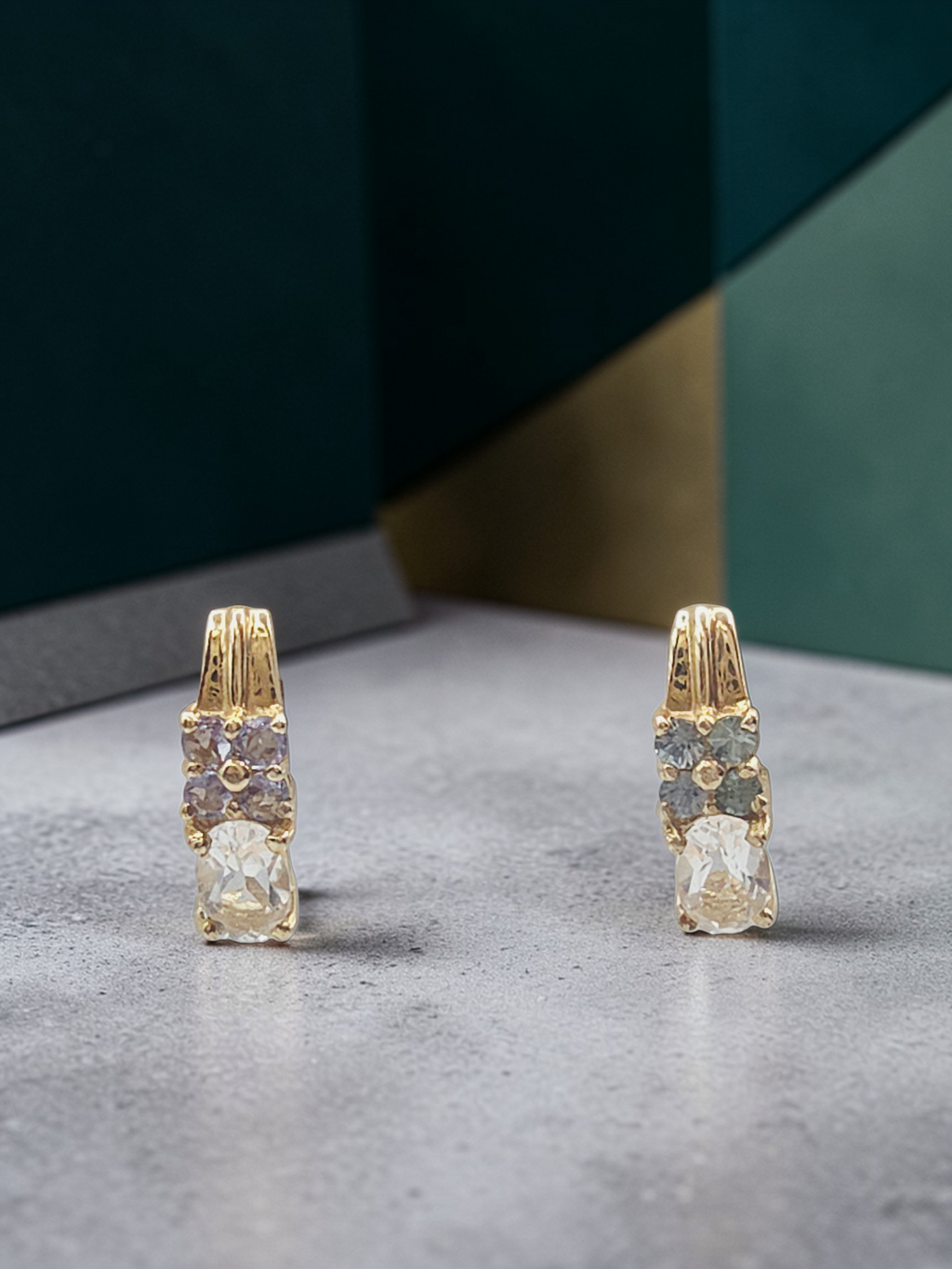Solid 10K Yellow Gold White Topaz Stud Earrings with Blue & Purple Gemstones