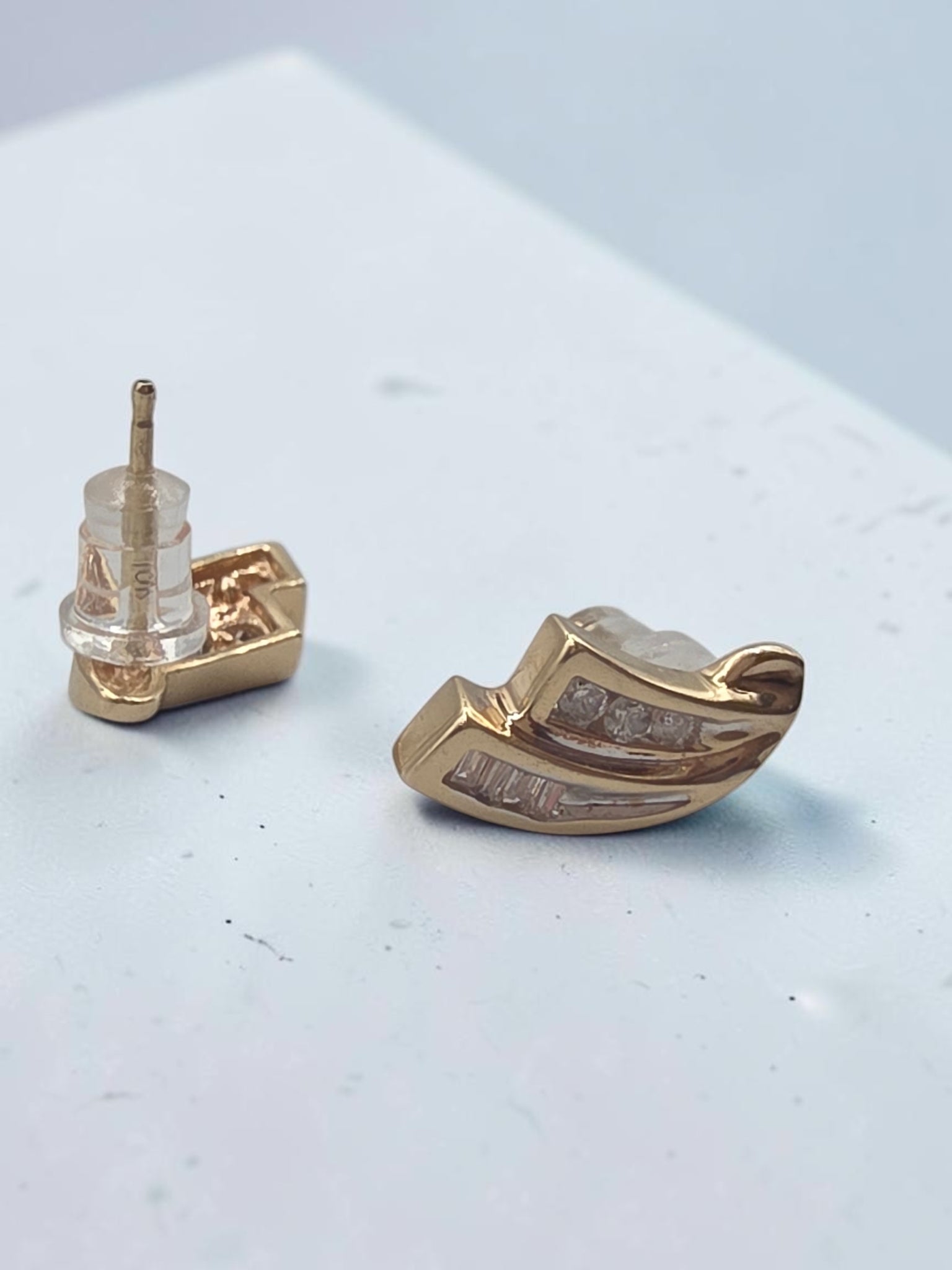 Solid 10K Yellow Gold Round & Baguette Diamond Swirl Stud Earrings