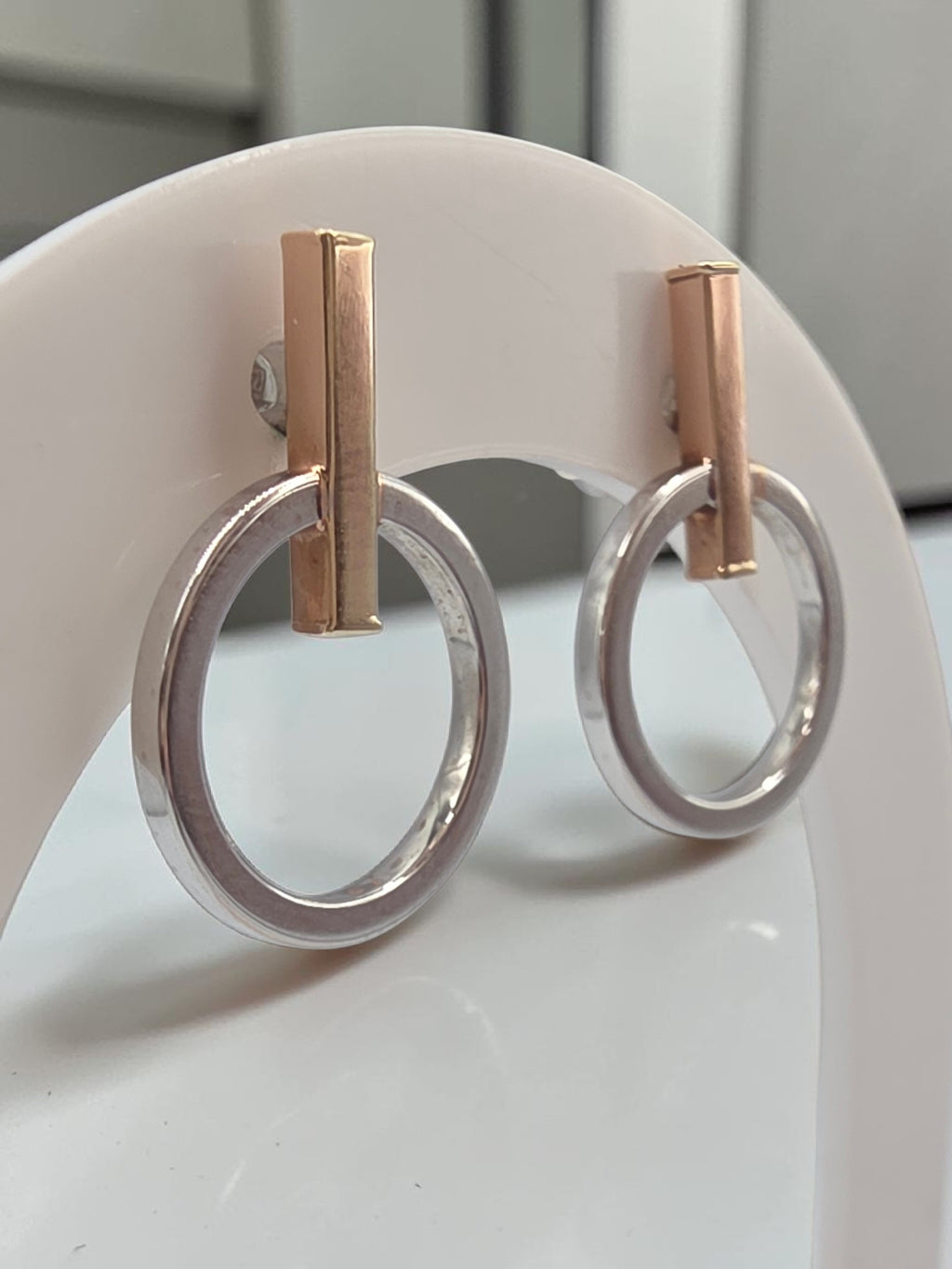 LLJ Lindsey Leigh 14K White Rose Gold Bar Circle Geometric Stud Earrings Italy