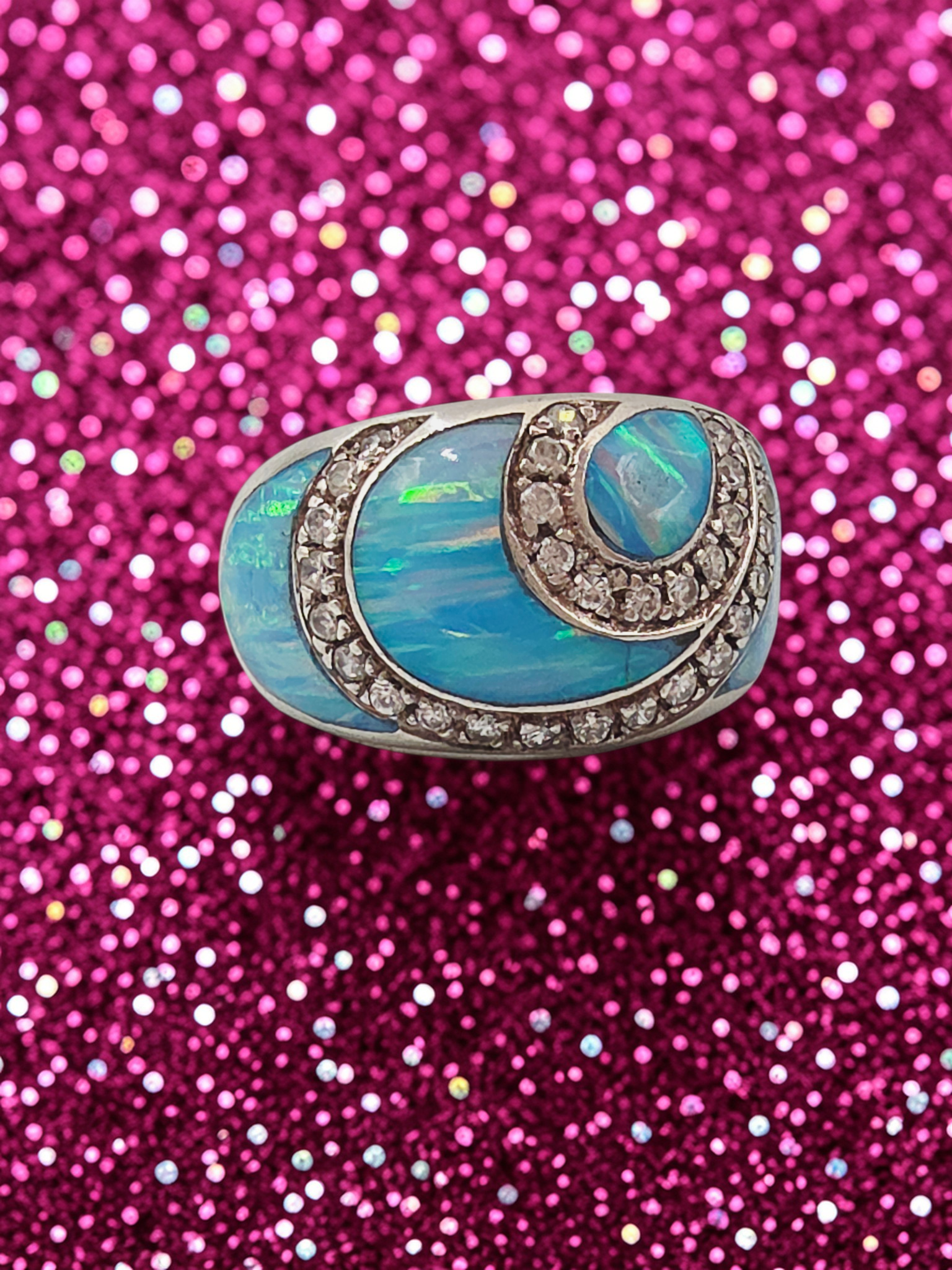 Unique 925 Sterling Silver Ring with Blue Opal and CZ accents - Size 8
