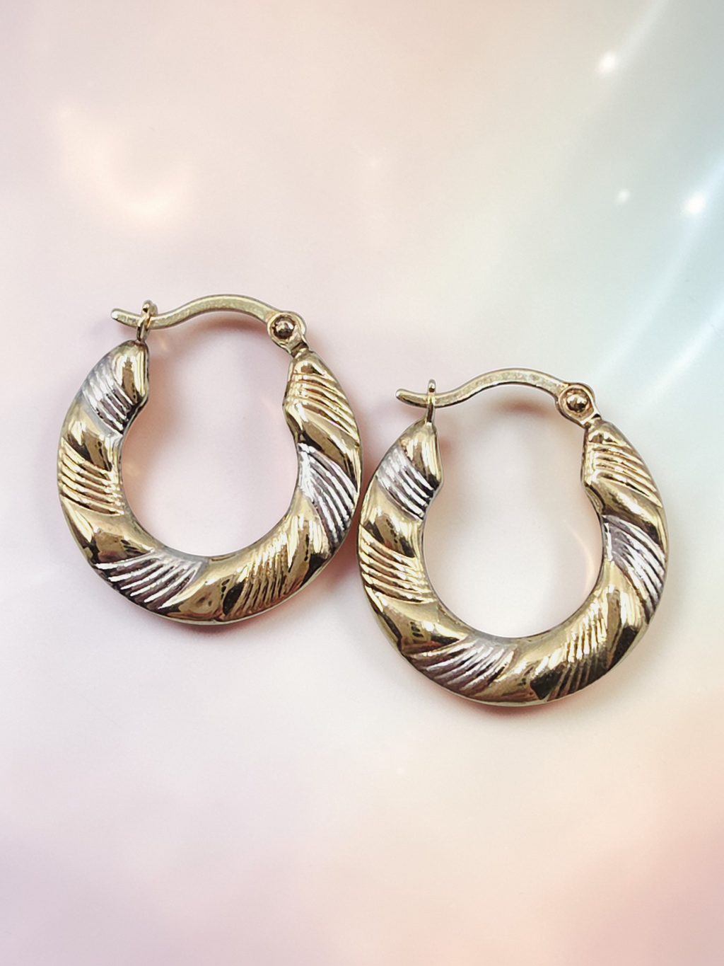 Solid 10K Two-Tone Gold Ribbed Textured Hoop Earrings