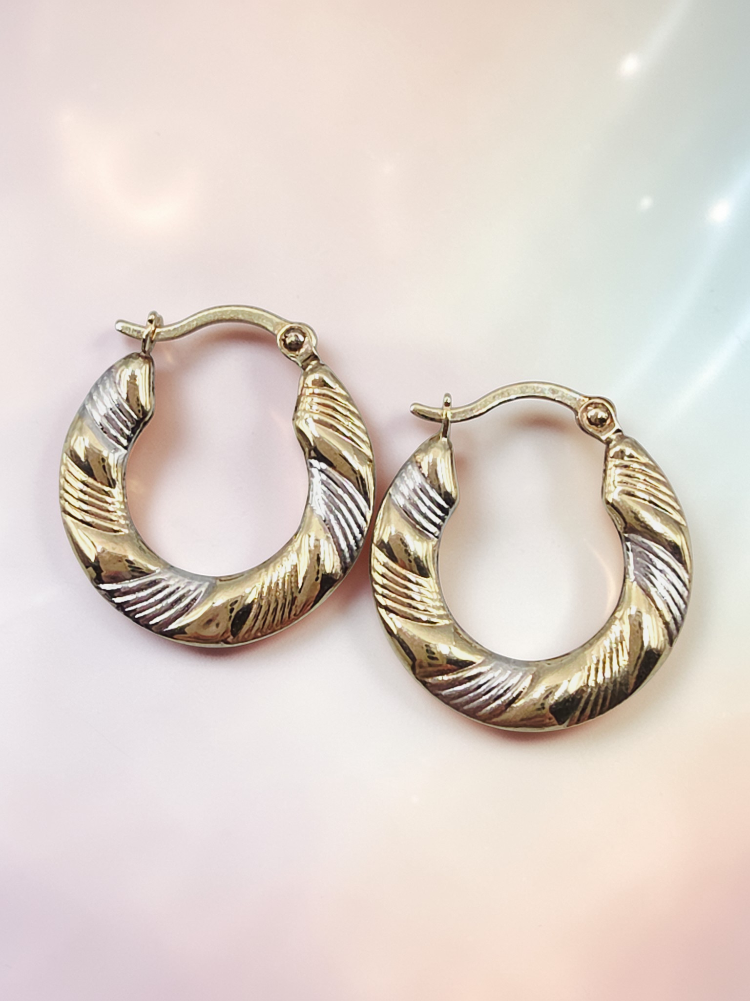 Solid 10K Two-Tone Gold Ribbed Textured Hoop Earrings