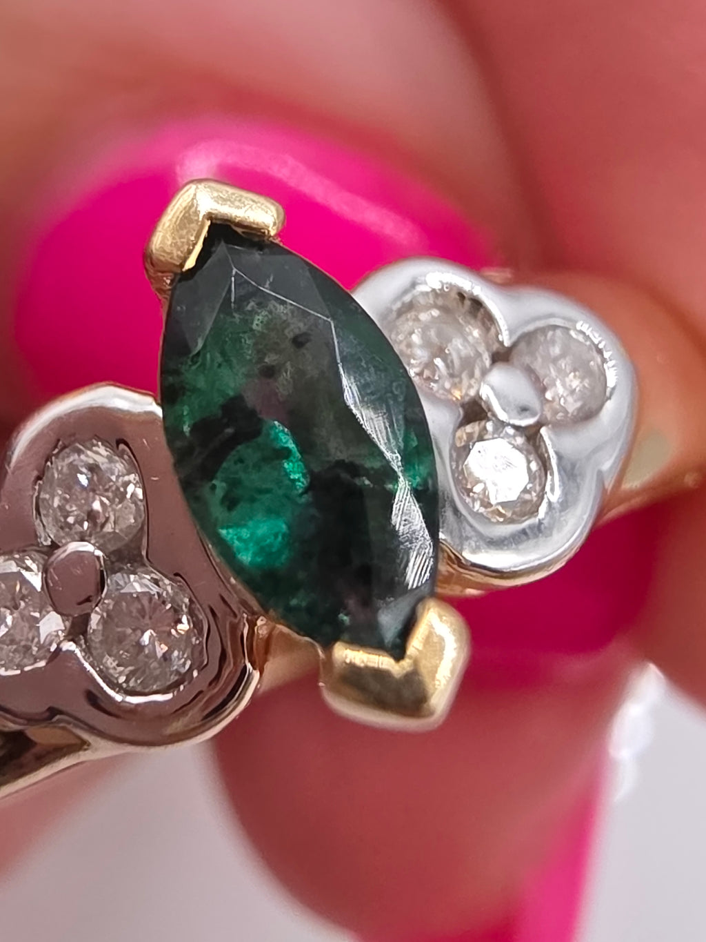 Vintage Black Hills Gold CCO Solid 14K Marquise Emerald Diamond Ring Size 6.75