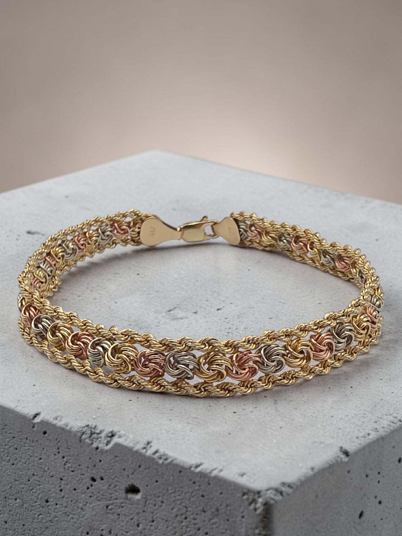 RESERVED AAJ Solid 14K Tri Color Gold  Rosetta Knot Link Chain Bracelet - 7.5 Inch