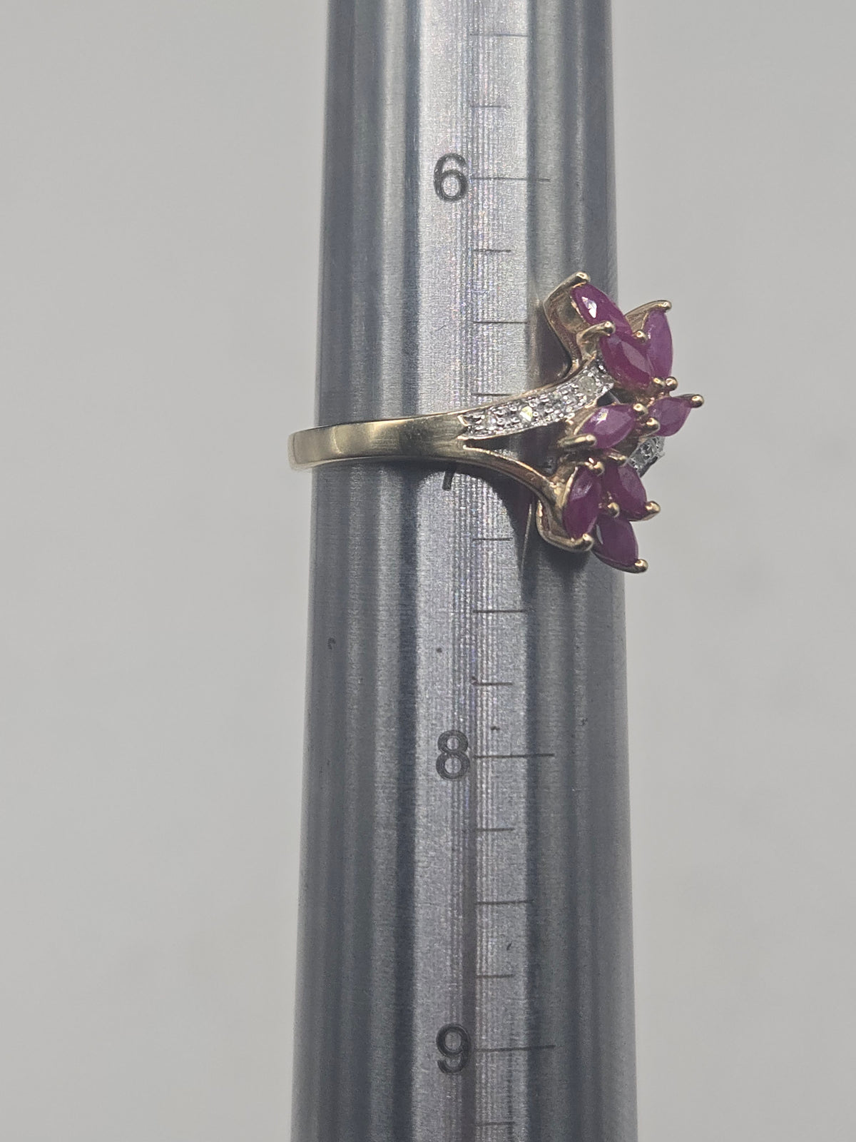 Solid 10K Gold Ring with Marquise-Cut Ruby Cluster & Diamond Accents - Size 7