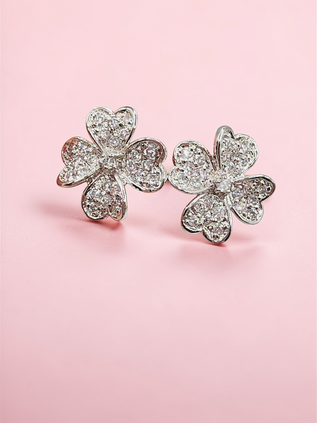 925 Sterling Silver Heart Leaf Clover Stud Earrings with CZ Accents