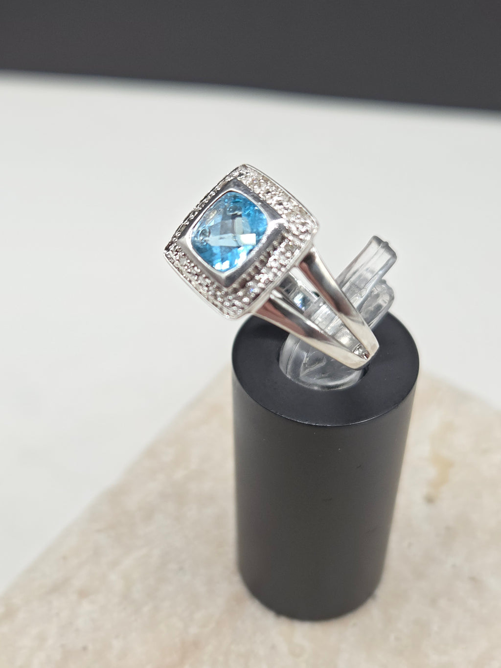 Vintage Pierre Meunier 925 Sterling Silver Blue Topaz Diamond Halo Ring – Size 7