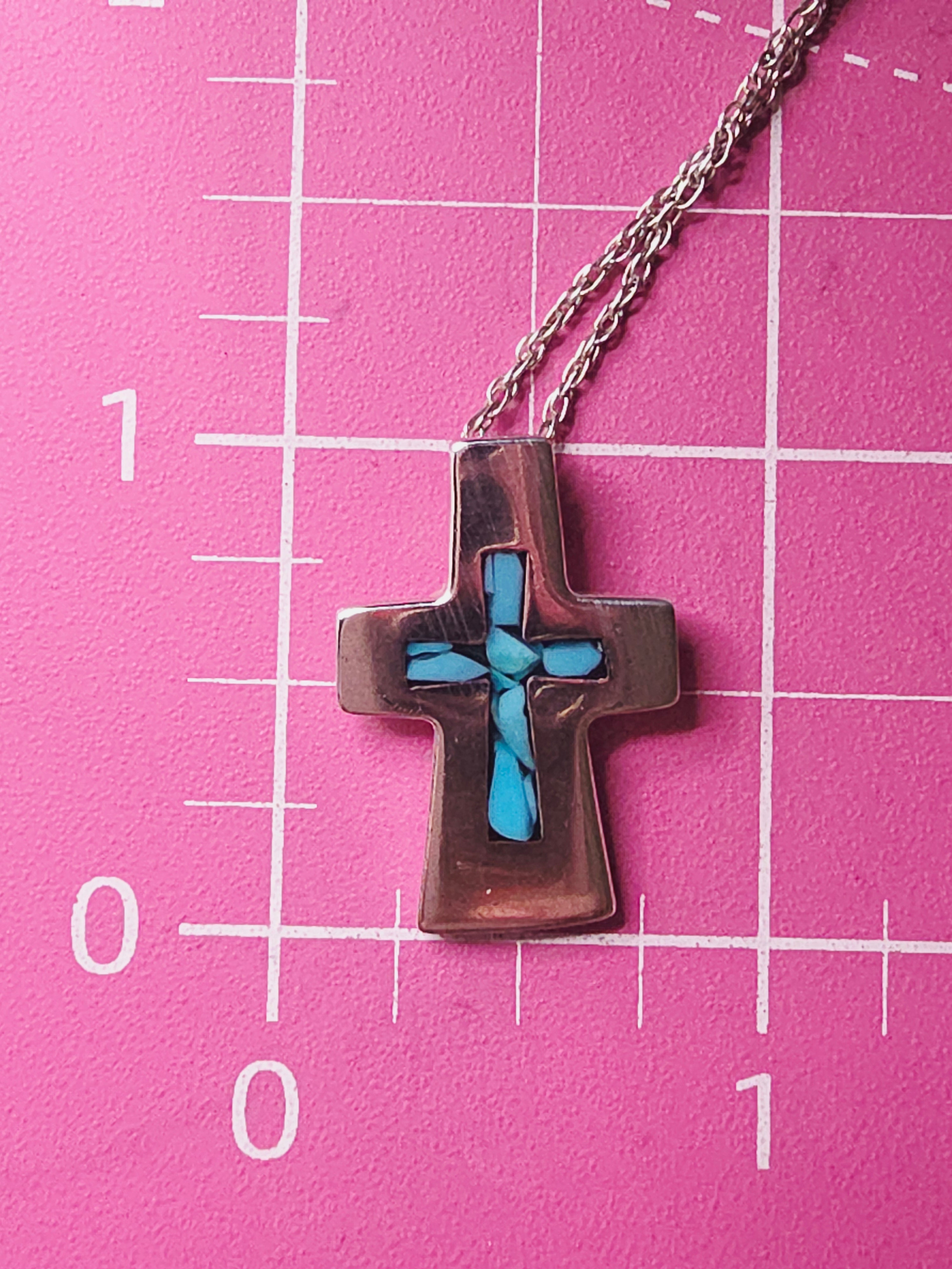 925 Sterling Silver Cross with Blue Inlay Pendant Necklace – 19 Inch