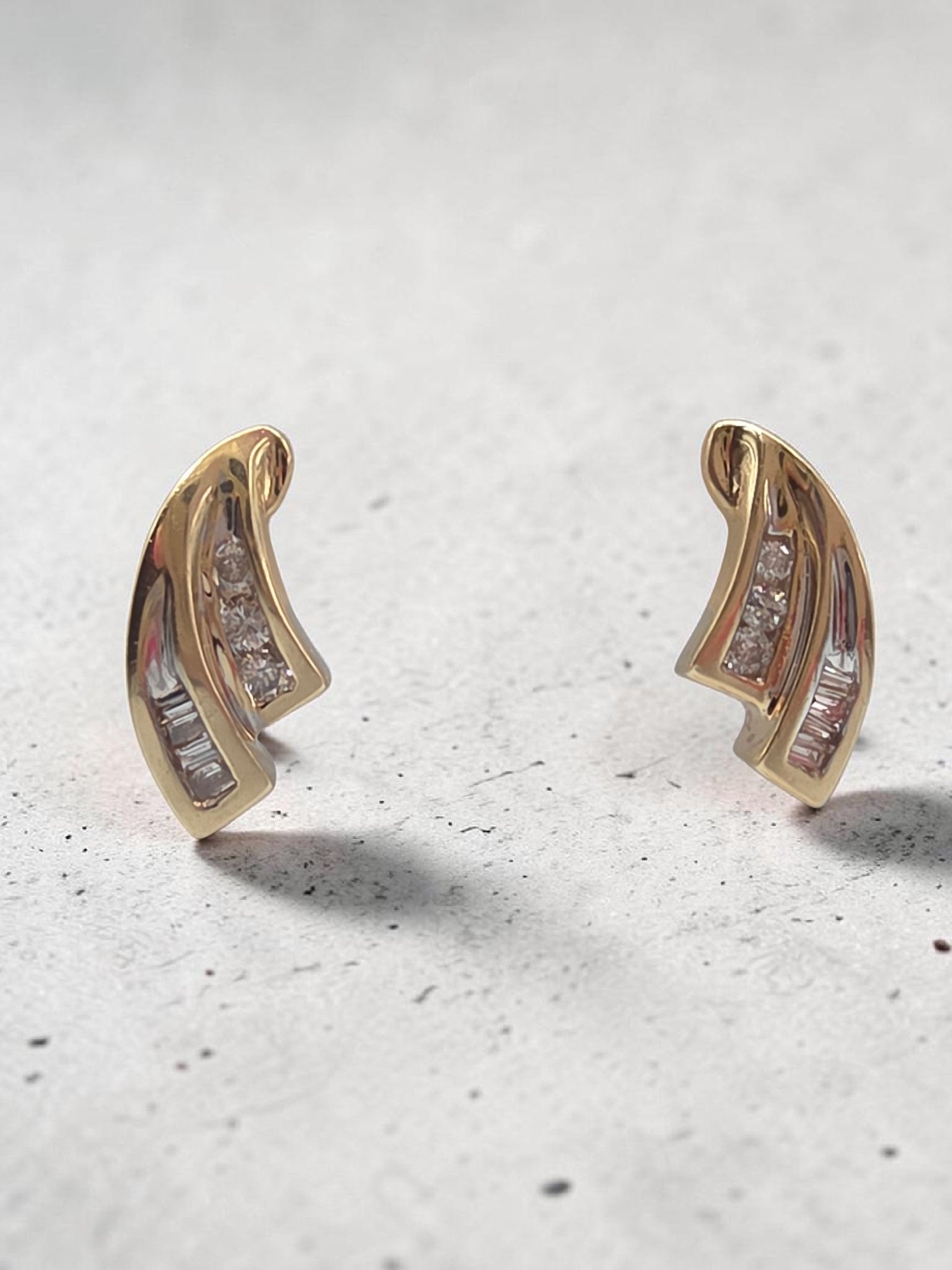 Solid 10K Yellow Gold Round & Baguette Diamond Swirl Stud Earrings