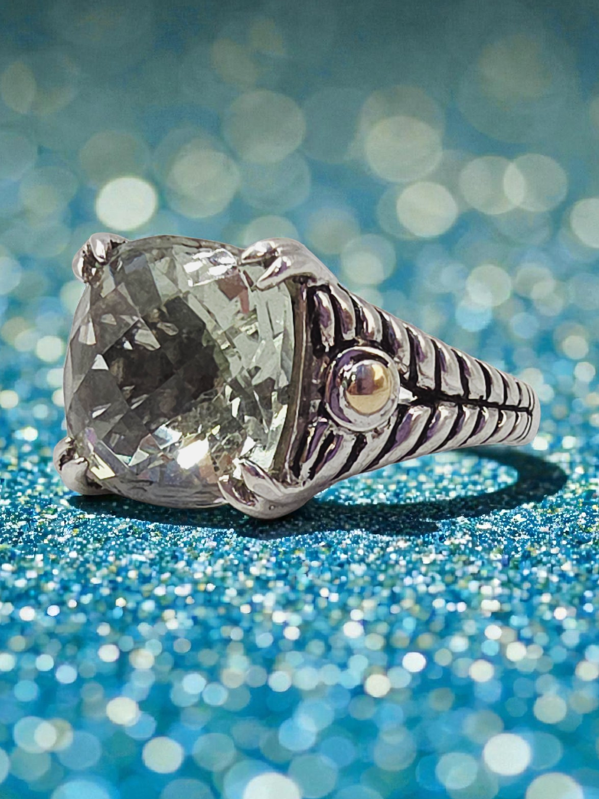 EFFY Sterling Silver Prasiolite Ring with Solid 18K Gold Accents - Size 7.25