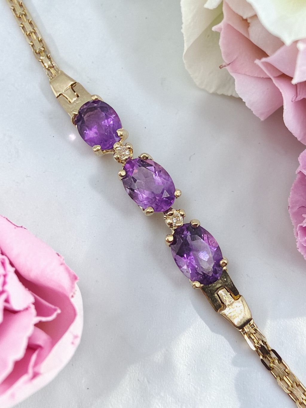 Vintage ATL Solid 14K Yellow Gold Bracelet with Amethyst & White Topaz 7.5 Inch