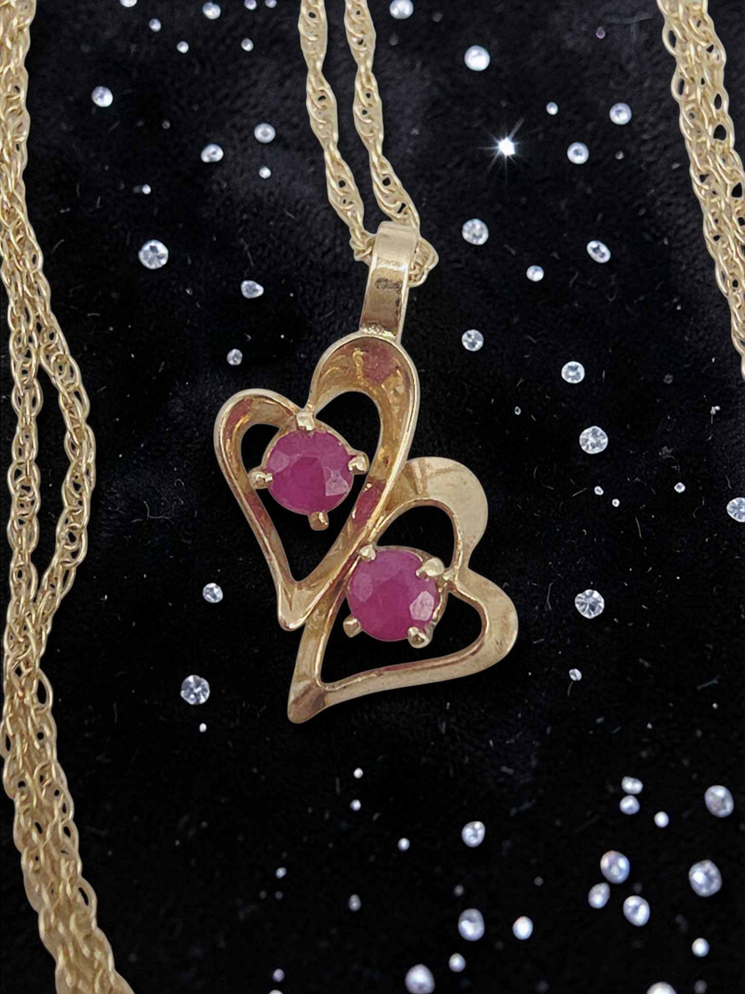 Solid 14K Yellow Gold Double Ruby Heart Pendant Necklace - 18 Inch