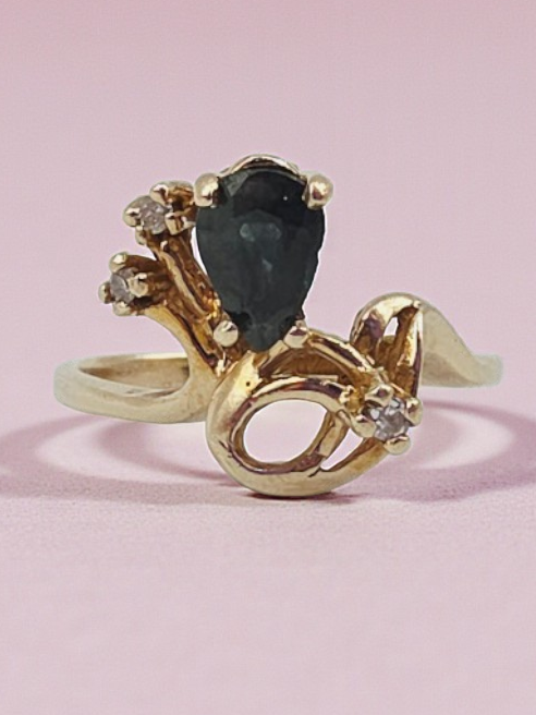 Solid 10K Gold Ring with Pear-Cut Blue Sapphire & Diamond Accents – Size 5.75