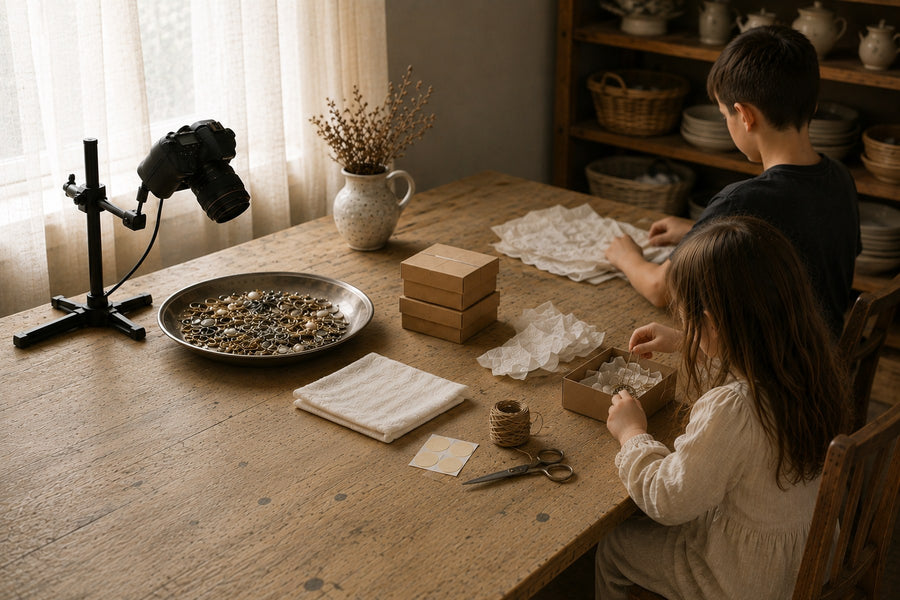Two children packing jewelry orders along a long wooden table in daylight, with a camera on a stand, a silver tray of vintage rings, kraft gift boxes, tissue paper, twine and scissors