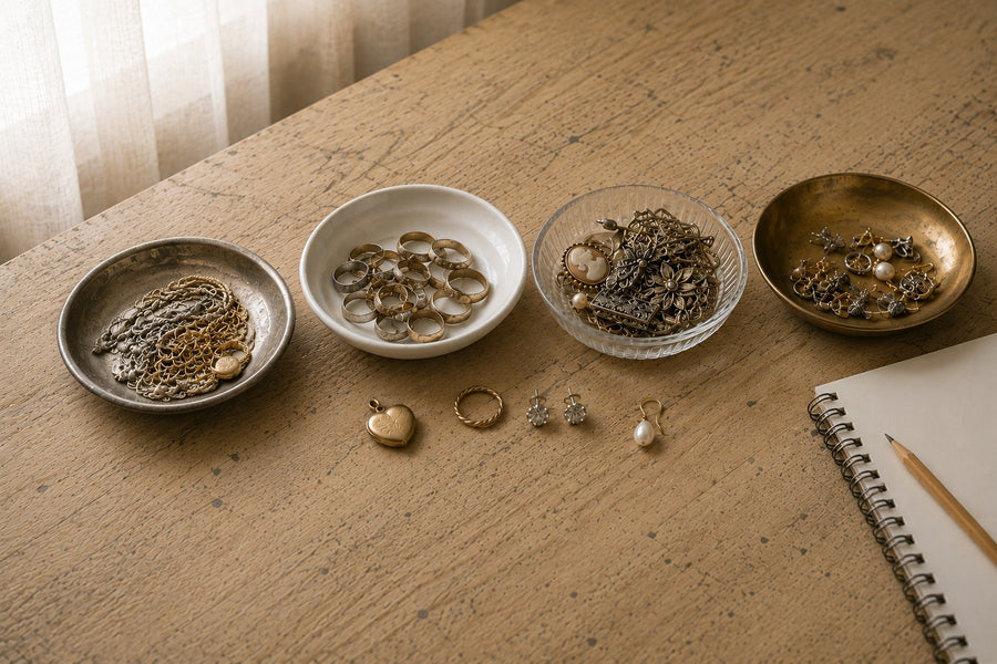 Four mismatched dishes holding sorted vintage jewelry on a wooden table — tangled chains, plain gold bands, filigree brooches and a cameo, and single earrings — with loose pieces and a blank notebook alongside