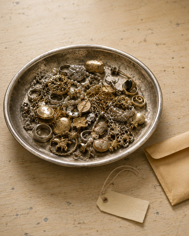 An unsorted lot of vintage and antique estate jewelry in a tarnished silver tray, with a blank paper tag and manila envelope alongside