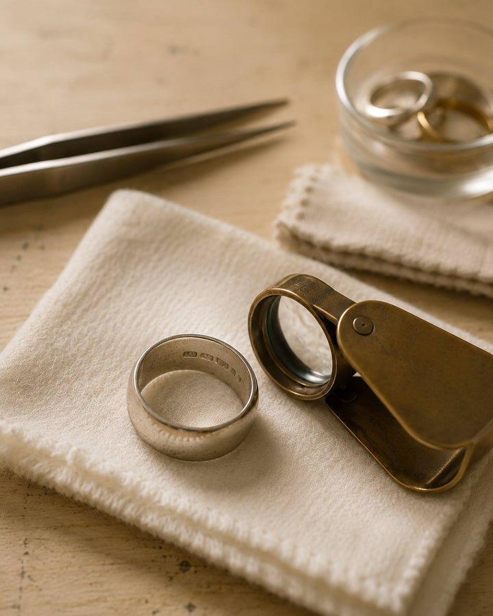 A vintage sterling silver band resting on a polishing cloth beside an open brass jeweler's loupe, with tweezers and a dish of rings behind