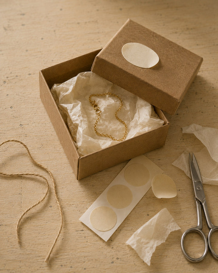 A gold chain nestled in tissue paper inside a small kraft gift box, with blank stickers, twine, and scissors on a wooden work surface
